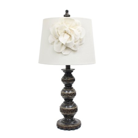 ELEGANT DESIGNS Aged Bronze Stacked Ball Lamp with Couture Linen Flower Shade LT3097-WHT